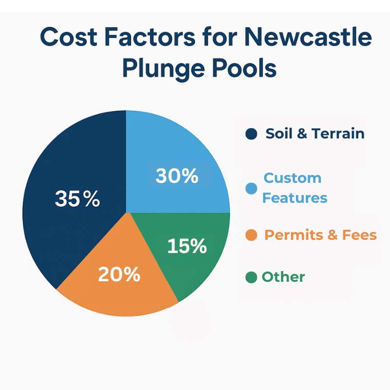 Pie chart titled "Cost Factors for Newcastle Plunge Pools" showing estimated cost distribution: Soil & Terrain (35%), Custom Features (30%), Permits & Fees (20%), and Other Costs (15%).