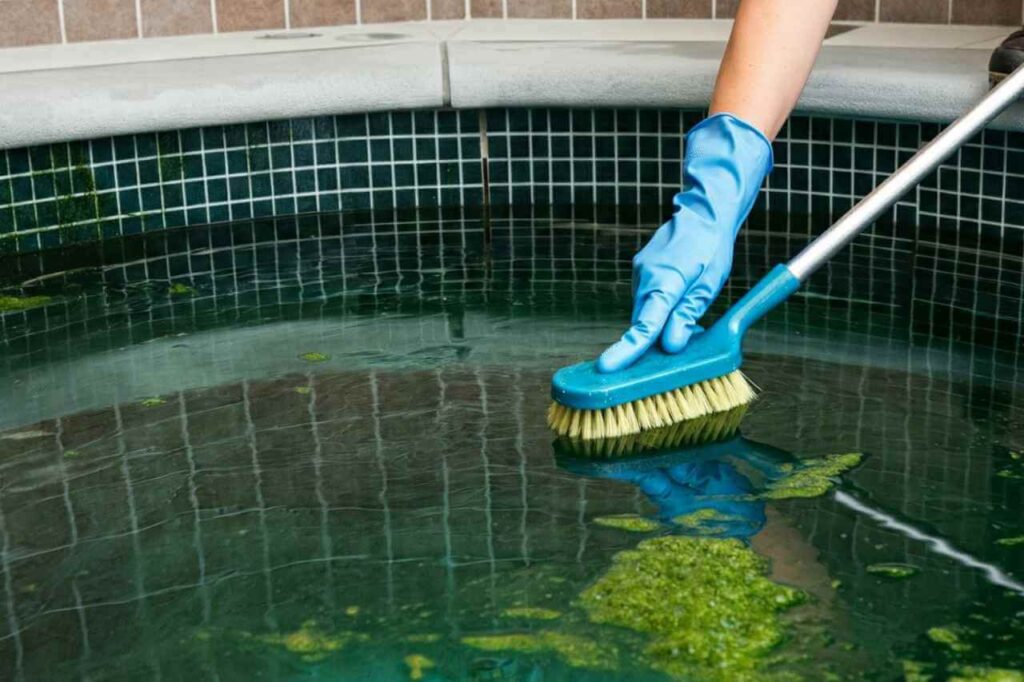 A person cleaning the algae buildup in a pool using a brush.