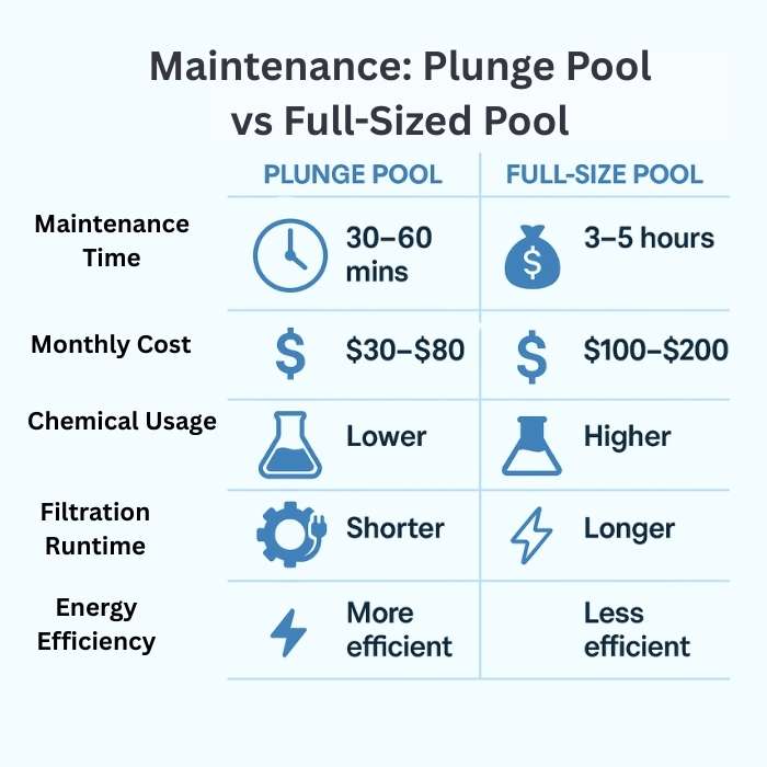Infographic comparing maintenance time, monthly costs, chemical usage, and filtration efficiency between plunge pools and full-size pools. Plunge pools show lower time, cost, and chemical needs, with shorter filtration runtime and higher energy efficiency.