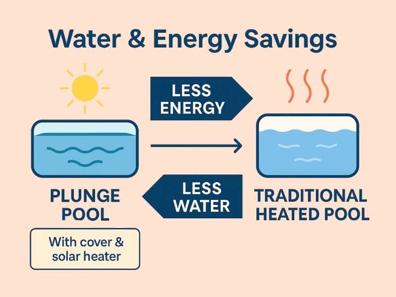 Infographic comparing water and energy savings between a plunge pool with solar heater and cover versus a traditional heated pool, showing benefits like less energy and water usage.