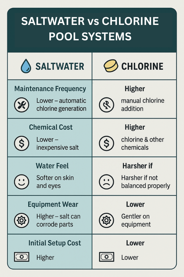 Infographic comparing saltwater and chlorine pool systems across five categories: maintenance frequency, chemical cost, water feel, equipment wear, and initial setup cost. Saltwater is shown as lower maintenance and softer on skin, while chlorine is more affordable upfront but requires more manual upkeep.
