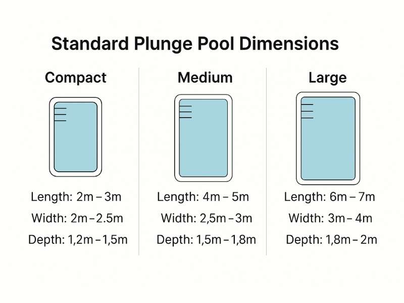 Infographic showing standard plunge pool dimensions with labeled length, width, and depth for compact, medium, and large pools.