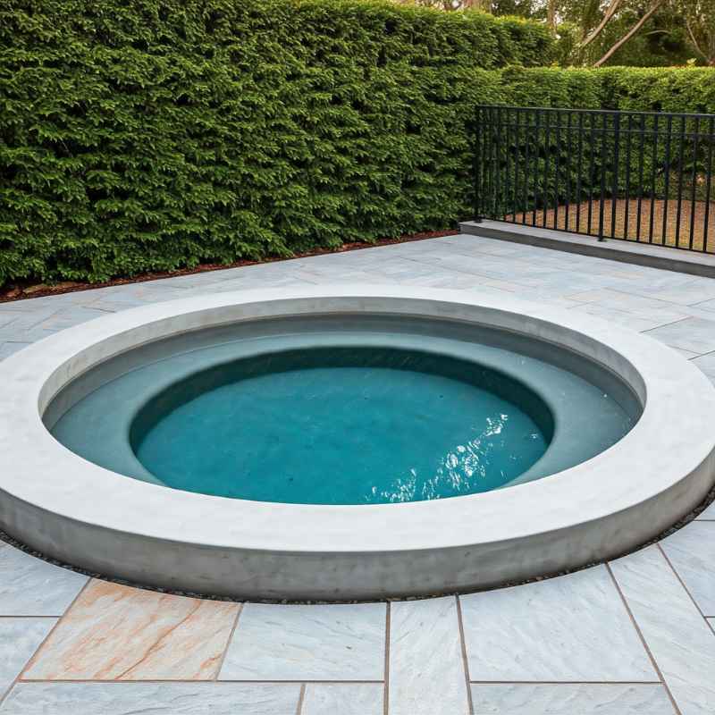 Round precast concrete plunge pool with smooth grey finish, set in a tiled patio area and surrounded by a tall privacy hedge and black metal fencing.