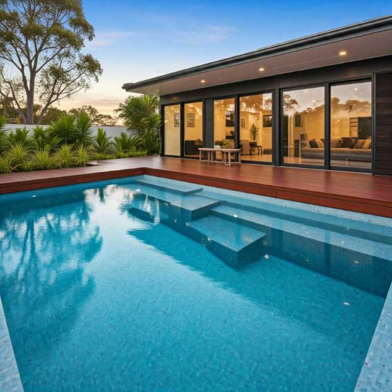Large rectangular precast concrete pool with built-in steps and sparkling blue tiles, surrounded by timber decking and tropical landscaping, adjacent to a modern home with floor-to-ceiling glass doors.
