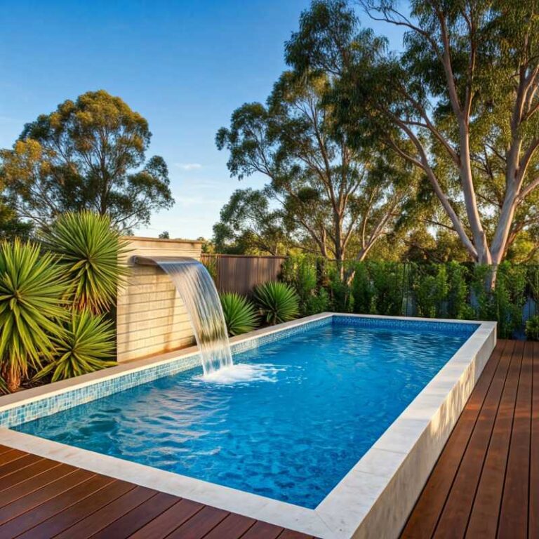 Rectangular precast concrete plunge pool with clear blue water and a cascading waterfall feature, surrounded by timber decking, lush tropical plants, and tall trees in a Newcastle landscaped backyard.