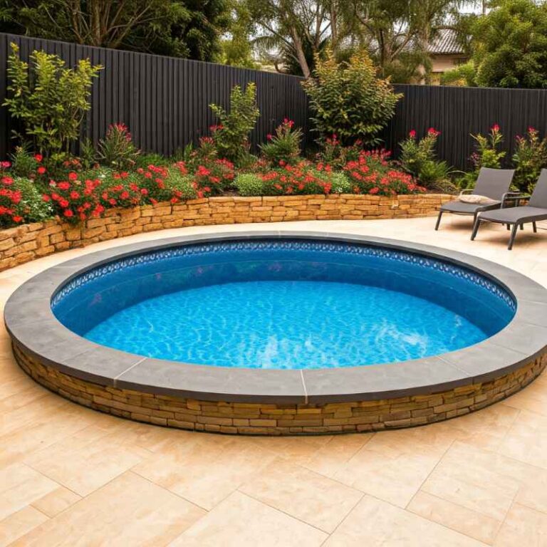 Round precast concrete plunge pool with vibrant blue water, stone veneer exterior, and dark coping tiles, set in a tiled patio area with surrounding garden beds, flowering plants, and black privacy fencing.