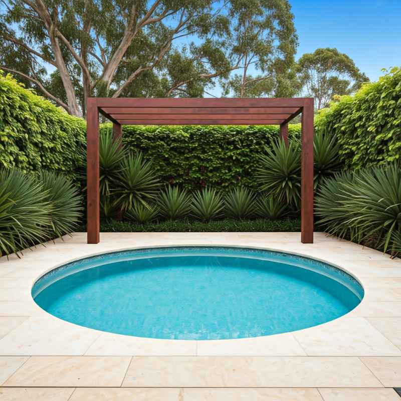Round precast concrete plunge pool with light blue water, surrounded by cream-coloured stone tiles, tropical plants, and a modern timber pergola set against a lush green privacy hedge.