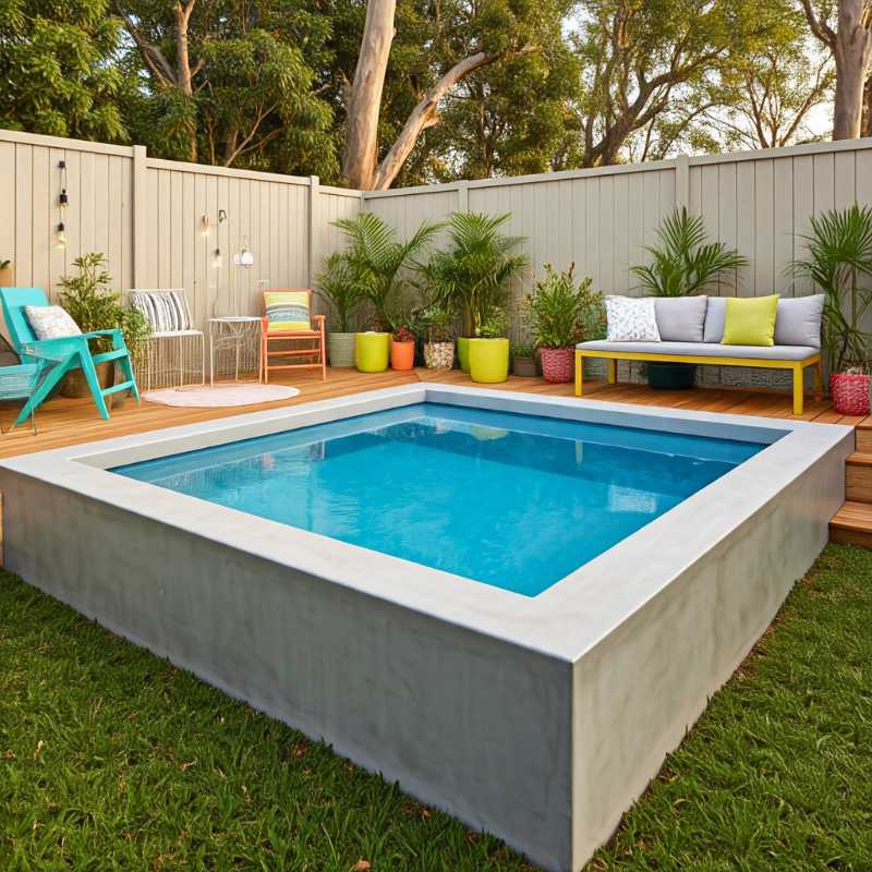 Square precast concrete plunge pool with clear blue water, surrounded by grass and timber decking, vibrant outdoor furniture, and tropical potted plants in a cosy, fenced backyard setting.