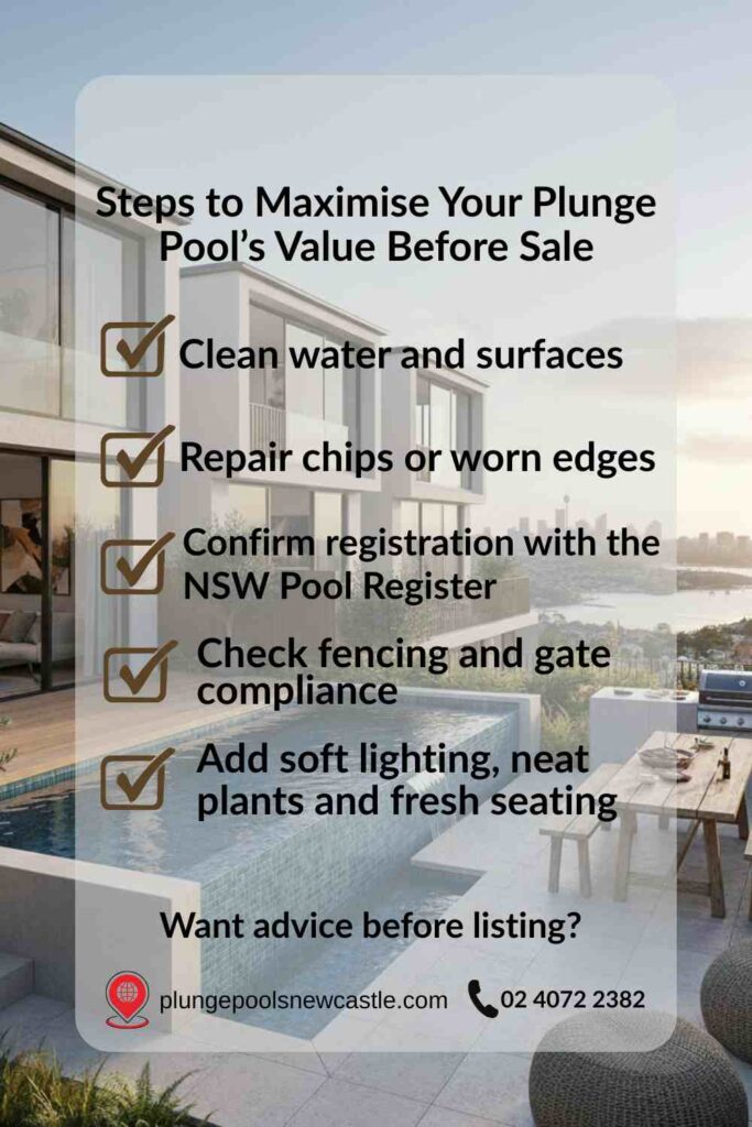 Infographic showing a pre-sale checklist for Newcastle homeowners with a plunge pool, including cleaning, repairs, registration, safety checks and simple styling tips to maximise property value before selling
