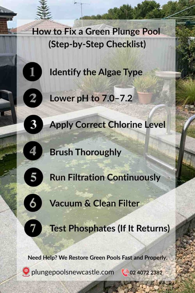 Infographic showing the correct step-by-step process to fix a green plunge pool in Newcastle NSW, including pH adjustment, chlorine shock, brushing, filtration, and phosphate testing.
