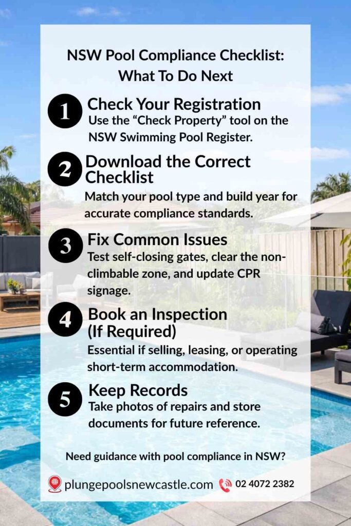 Infographic showing the 5-step NSW pool compliance checklist, including pool registration check, barrier inspection checklist, fixing common fence issues, booking inspection, and keeping compliance records.