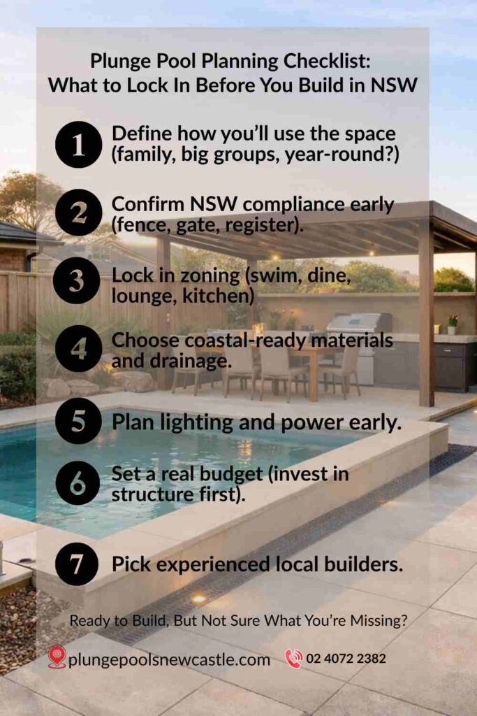 Infographic showing a pre-build plunge pool planning checklist for Newcastle and NSW homeowners, including compliance, zoning, budget, materials and builder selection.
