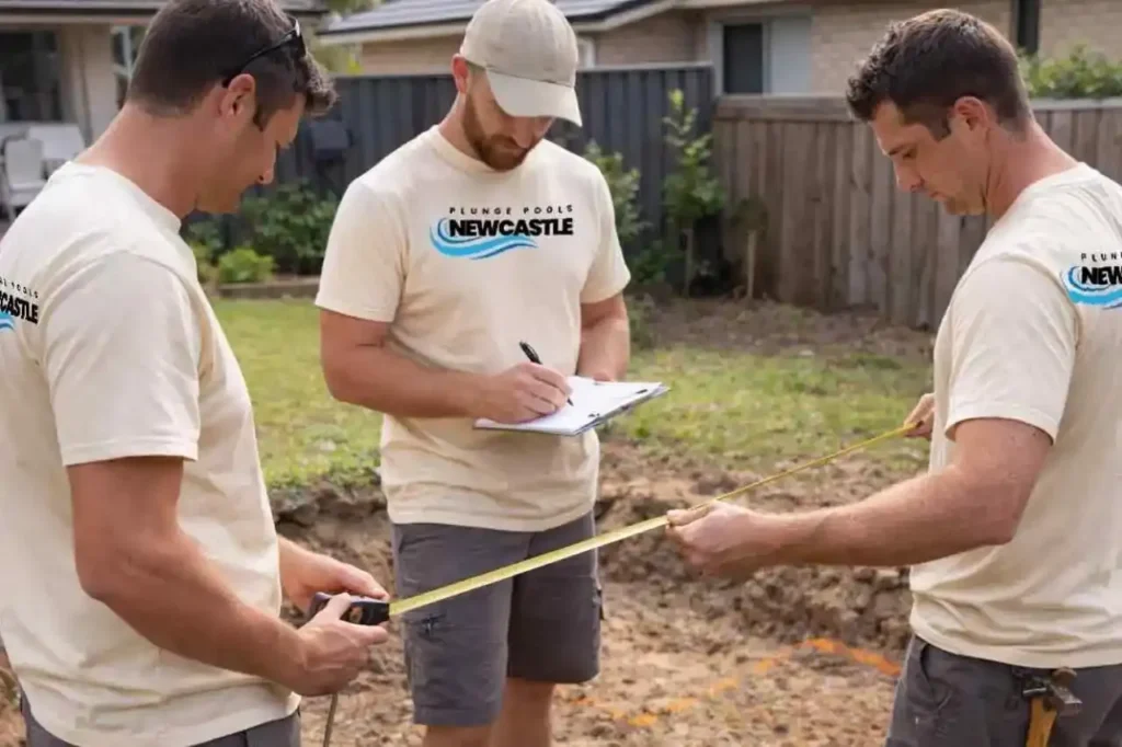 Plunge Pools Newcastle team inspecting the site while wearing their cream unifom tshirt with a logo of their company Plunge Pools Newcastle