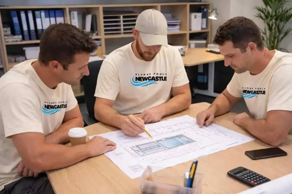 Plunge Pools Newcastle team reviewing the pool plan in the office while wearing their cream unifom tshirt with a logo of their company Plunge Pools Newcastle