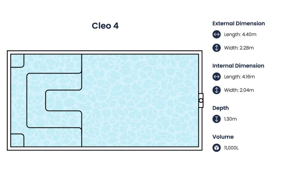 Cleo 4 rectangular plunge pool layout with dimensions, depth, and volume specifications for compact backyard design in Newcastle NSW
