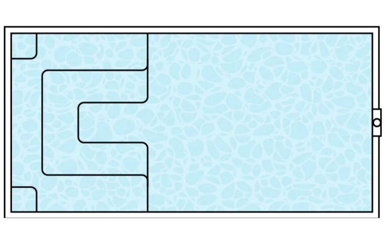 Rectangular plunge pool layout diagram showing step entry, seating area, and skimmer position design in Newcastle NSW