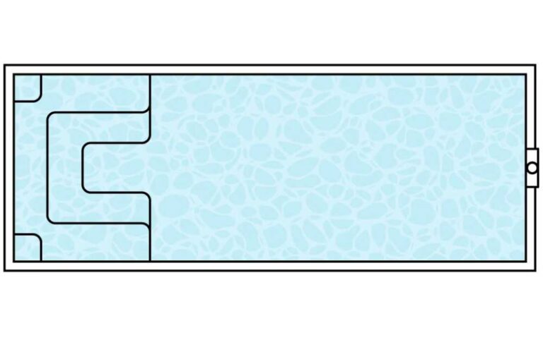 Rectangular plunge pool layout diagram showing corner steps, bench seating, and skimmer placement design in Newcastle NSW