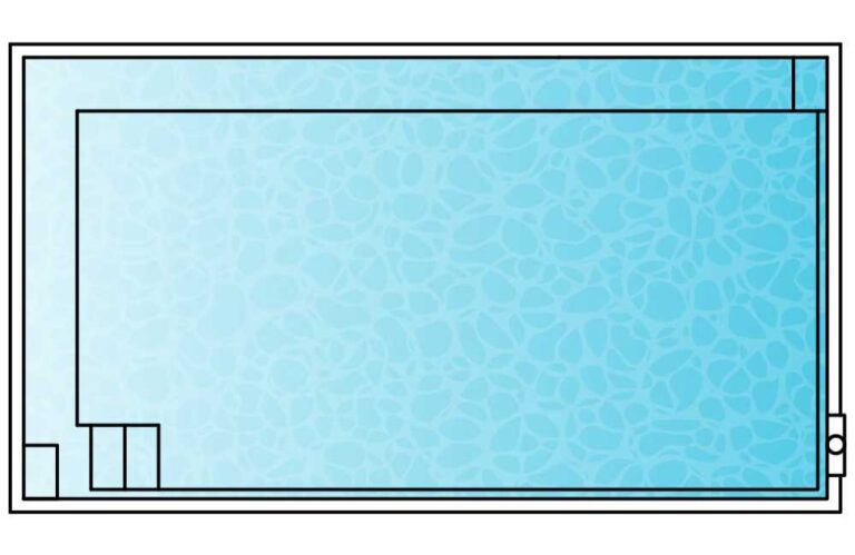 Rectangular plunge pool layout diagram with long bench seating, corner entry steps, and modern minimalist design in Newcastle NSW
