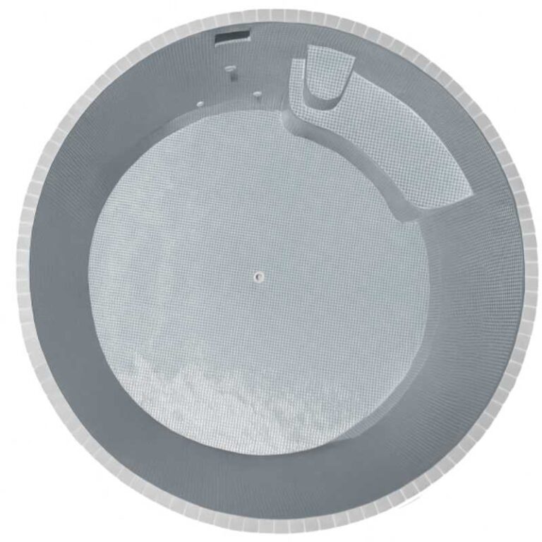 Top-down view of a round plunge pool with light grey tiled interior, built-in seating, and curved step design in Newcastle NSW