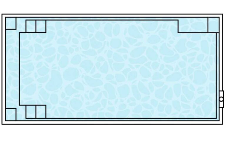 Rectangular plunge pool layout diagram with dual corner steps, seating ledges, and skimmer placement for compact backyard design in Newcastle NSW