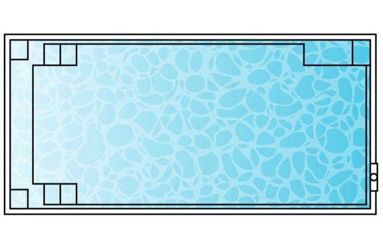 Rectangular plunge pool layout diagram with offset entry steps, extended bench seating, and skimmer location in Newcastle NSW