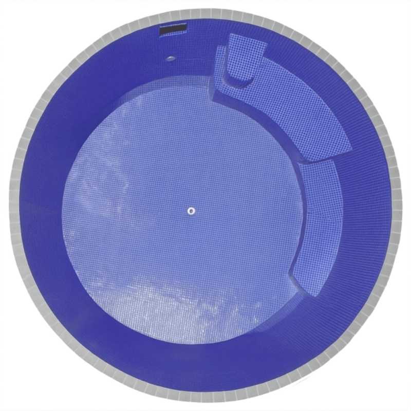 Top-down view of a round plunge pool with deep blue tiled interior, built-in seating, and curved step design in Newcastle NSW