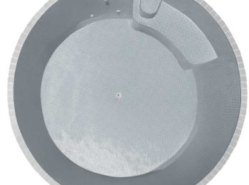 Top-down view of a round plunge pool with light grey tiled interior, built-in seating, and curved step design in Newcastle NSW